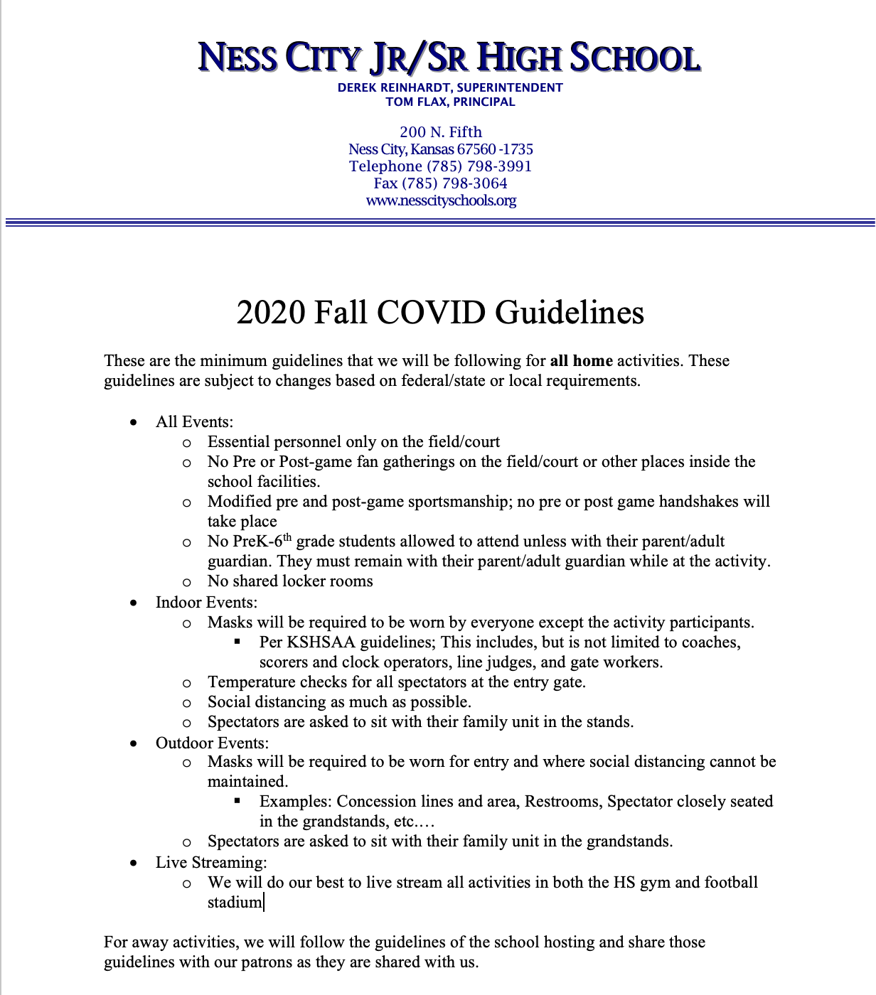 Ness City Schools Guidelines for Fall Athletic Events